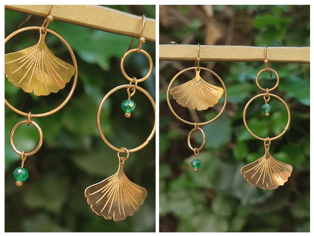 Z-Boucles d'oreilles ginkgo asymétrique et cercle, perles vertes en verre, acier inoxydable doré -sans nickel, pièce unique 