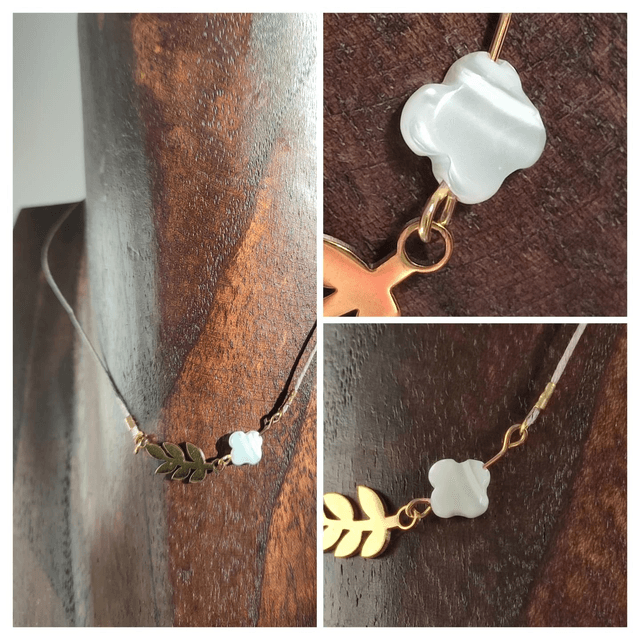 Collier fleur en nacre et feuille en acier inoxydable doré,ras du cou, monté sur fil de lin réglable avec chaîne d'extension dorée, pièce unique 