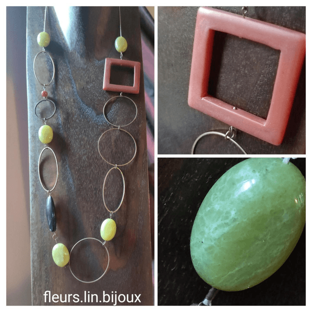 Jade& agate, sautoir monté sur fil de lin réglable 