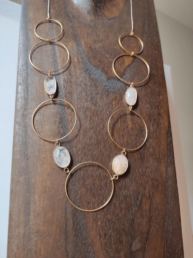 Z-Sautoir quartz rose & crystal de roche, anneaux en acier inoxydable doré monté sur fil de lin réglable 