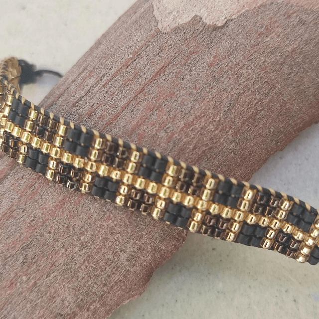 Bracelet tissé main en perles de verre miyuki noir et or, réglable et résistant 
