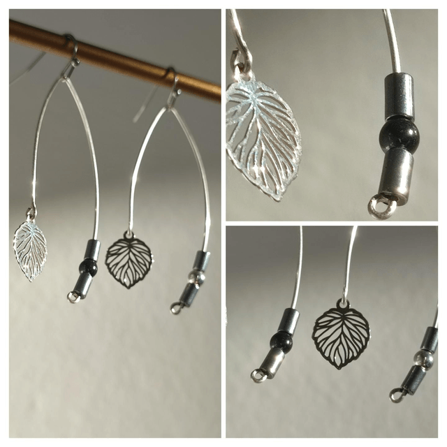 Z-Boucles d'oreilles feuilles & onyx noir ( pierres naturelles) hématite argent, acier inoxydable argent, pièce unique -sans nickel 