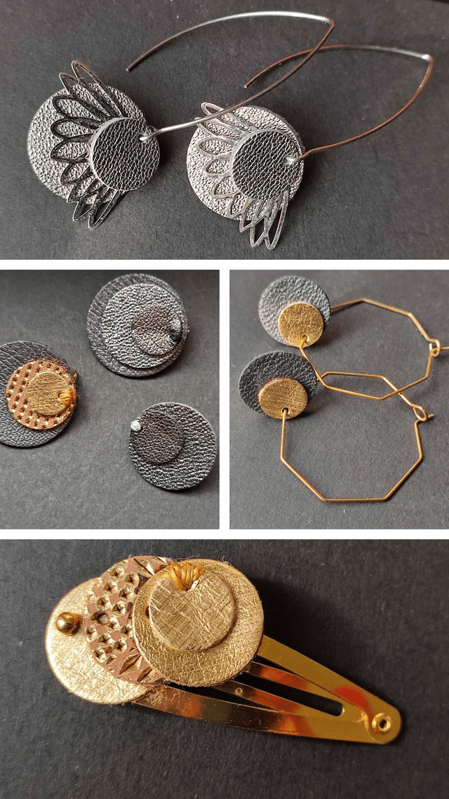 Broche cuir doré où argenté ( au choix)