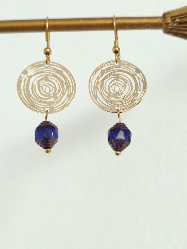 Z-Boucles cercle doré et perles en verre bleu et or, fermoirs en acier inoxydable doré -sans nickel 