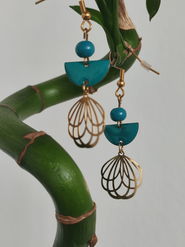 Z-Boucles fleurs et email turquoise en acier inoxydable doré -sans nickel, pièce unique 