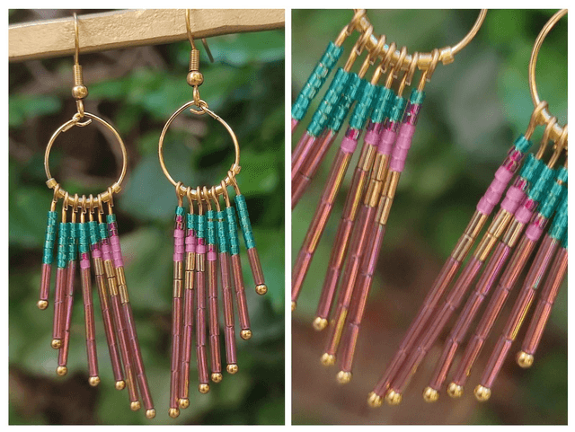 Boucles d'oreilles en perles de verre miyuki rosé/turquoise/or en acier inoxydable doré -sans nickel pièce unique 