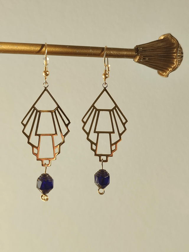 Z-Boucles d'oreilles "art déco" et perles en verre bleu et or, fermoirs en acier inoxydable,sans nickel, pièce unique 