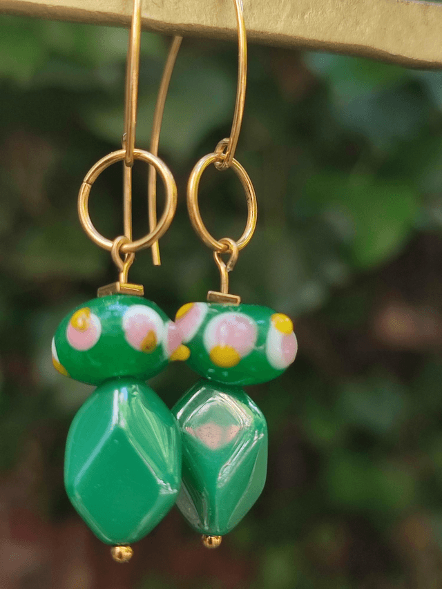 Z-Boucles d'oreilles en verre , rose/vert en acier inoxydable doré -sans nickel -pièce unique 