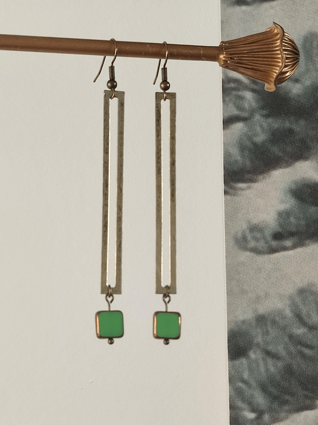 Z-Boucles d'oreilles longues carré en verre vert, rectangle bronze, pièce unique - sans nickel 