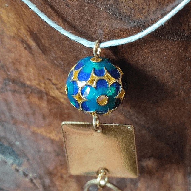 Collier perle cloisonné , carré et cercle monté sur fil de lin réglable avec chaîne d'extension 