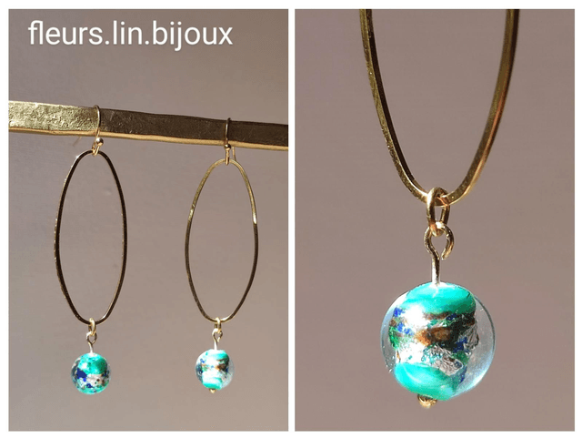 Z-Boucles d'oreilles en verre moucheté et acier inoxydable doré -sans nickel -piece unique 