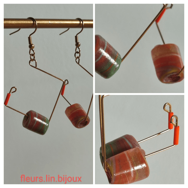 Z-Boucles d'oreilles en verre de Murano orange, vert, jaune, rouge.... acier inoxydable doré -sans nickel, pièce unique 
