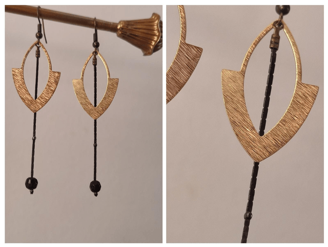 Boucles d'oreilles dorées chaine noire acier inoxydable doré -sans nickel,pièce unique 