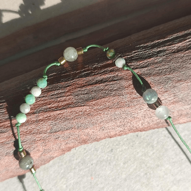 Bracelet amazonite et agate aux jolis reflets ( pierres naturelles) réglable monté sur fil de jade résistant 