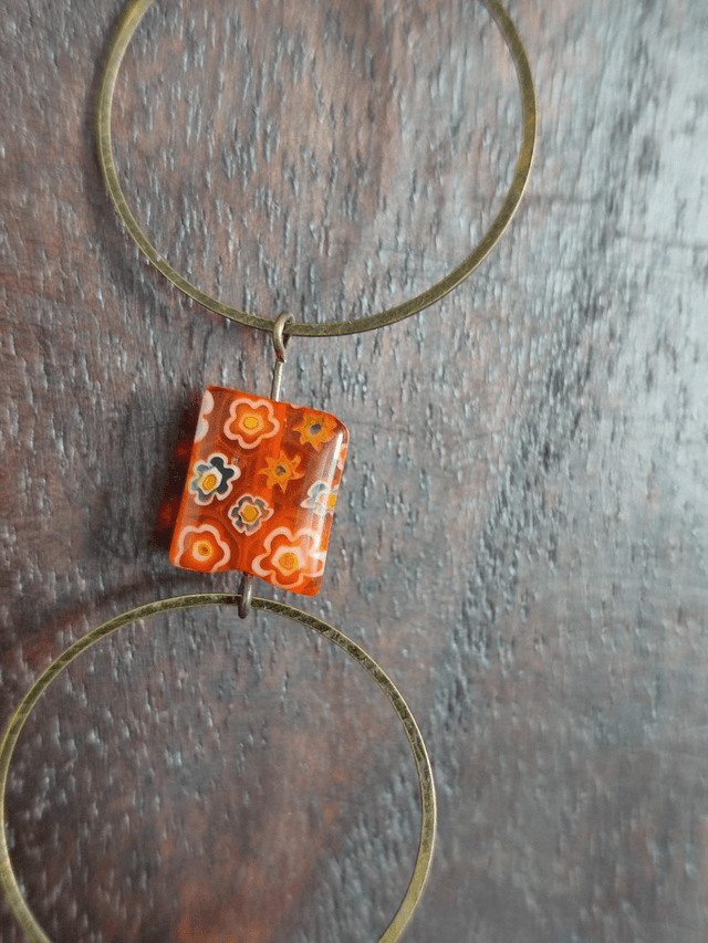 Sautoir tons orange 🍊 perles de verre mille Fiori, anneaux bronze, réglable, pièce unique 