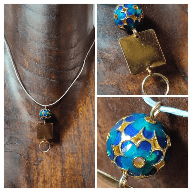 Collier perle cloisonné , carré et cercle monté sur fil de lin réglable avec chaîne d'extension 