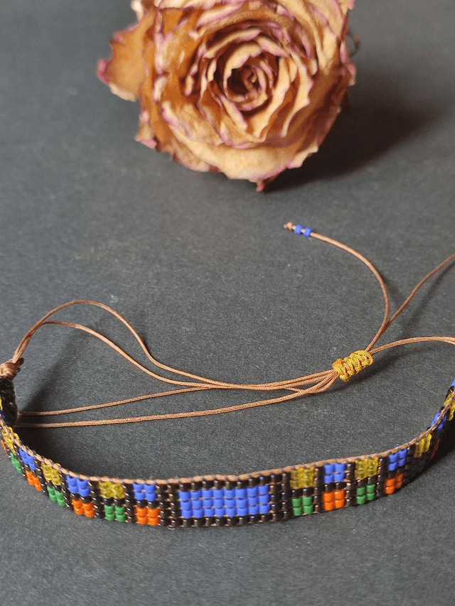Z-Bracelet bleu Klein, cuivre, orange, vert, jaune tissé main en perles de verre miyuki sur fil de jade, réglable en pièce unique 