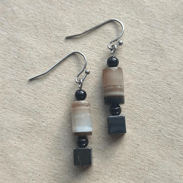 Boucles agate noire et hématite en acier inoxydable argenté -sans nickel -