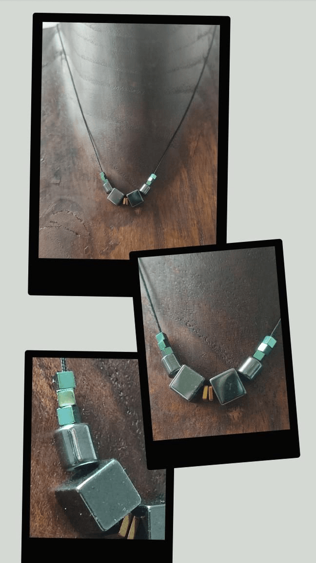 Collier" carrés"en hématite doré noir et turquoise : pierres naturelles , monté sur fil de jade réglable, pièce unique 