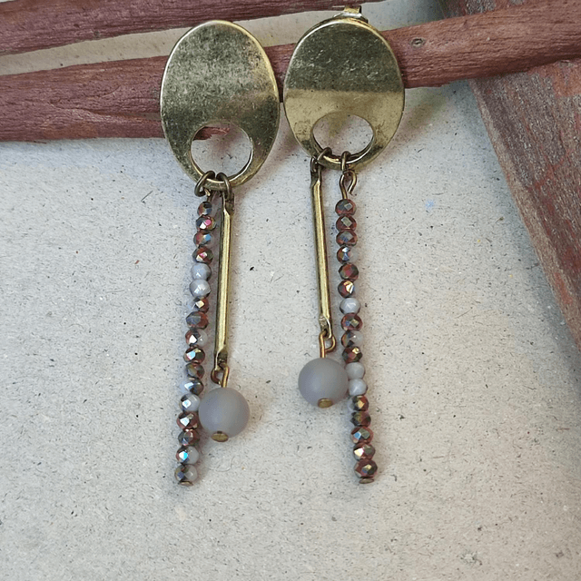 Boucles d'oreilles bronze, pierres naturelles & verre,ton de gris et bruns, sans nickel pièce unique 