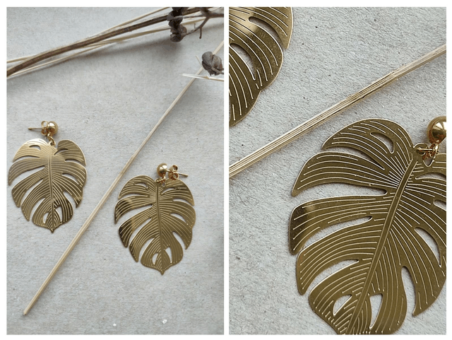 Boucles " philodendron" en acier inoxydable doré -sans nickel, pièce unique 