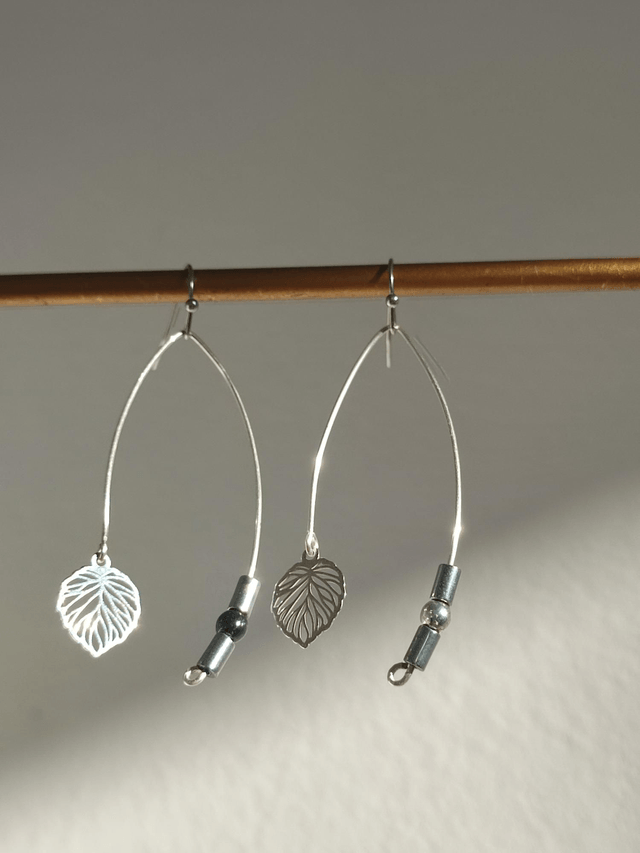 Z-Boucles d'oreilles feuilles & onyx noir ( pierres naturelles) hématite argent, acier inoxydable argent, pièce unique -sans nickel 