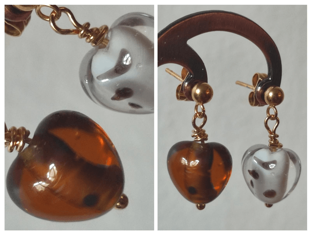 Z- Boucles d'oreilles coeur en verre marron et crème en acier inoxydable doré -sans nickel pièce unique 