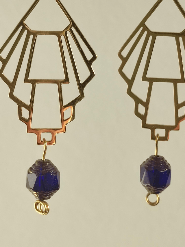 Z-Boucles d'oreilles "art déco" et perles en verre bleu et or, fermoirs en acier inoxydable,sans nickel, pièce unique 