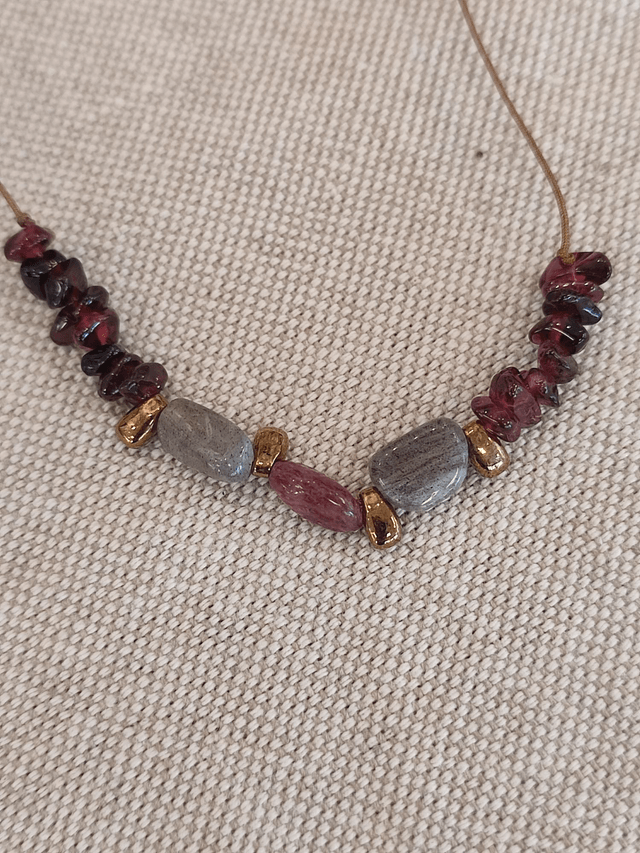 Z-Bracelet pierres naturelles : labradorite,grenat, quartz fraise réglable avec fil de jade