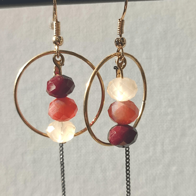 Boucles d'oreilles 3 perles en verre brun, orange, bordeaux et cercle 
