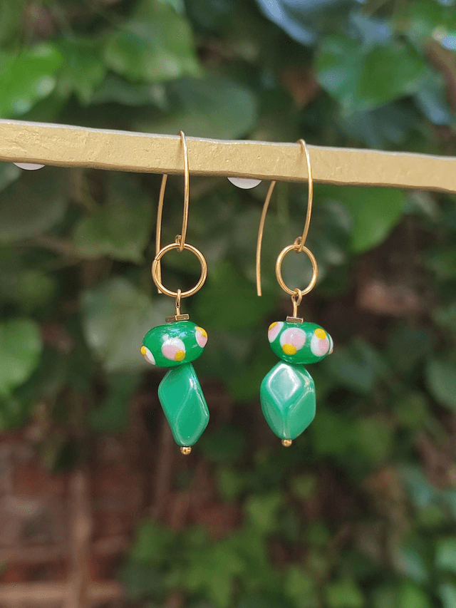 Z-Boucles d'oreilles en verre , rose/vert en acier inoxydable doré -sans nickel -pièce unique 