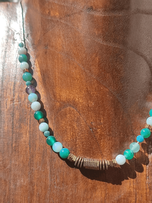 Z-Collier amazonite, agate verte, améthyste, hématite doré ( pierres naturelles), ras du cou réglable par chaîne d'extension en acier inoxydable doré -sans nickel -piece pièce unique 