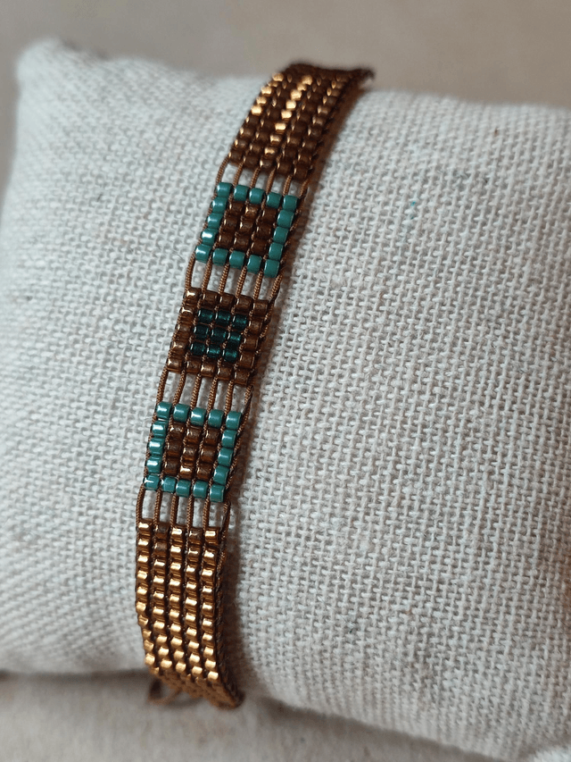 Z- Bracelet tissé main en perles de verre miyuki bleu et cuivre 