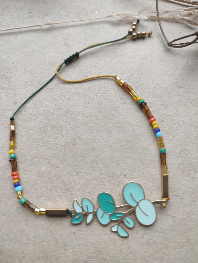 Z-Bracelet feuille verte en acier sur fil de jade avec perles en verre miyuki multicolores, réglable 