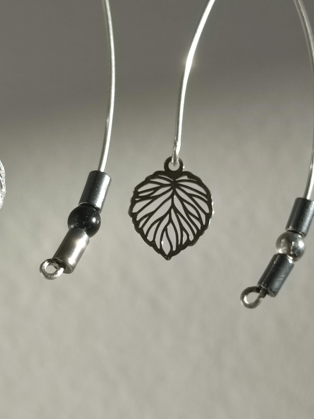 Z-Boucles d'oreilles feuilles & onyx noir ( pierres naturelles) hématite argent, acier inoxydable argent, pièce unique -sans nickel 