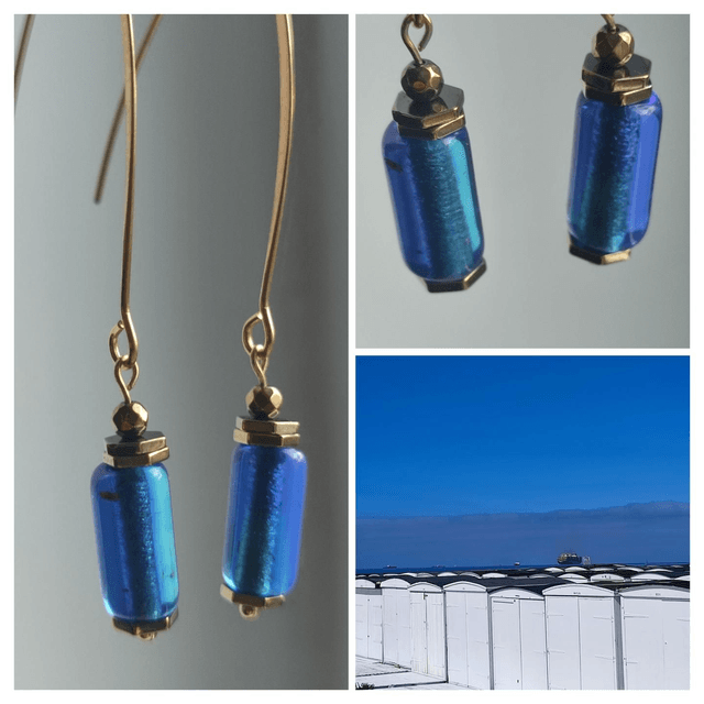 Z-Boucles d'oreilles en verre bleu Klein et hématite doré en acier inoxydable doré -sans nickel, pièce unique 
