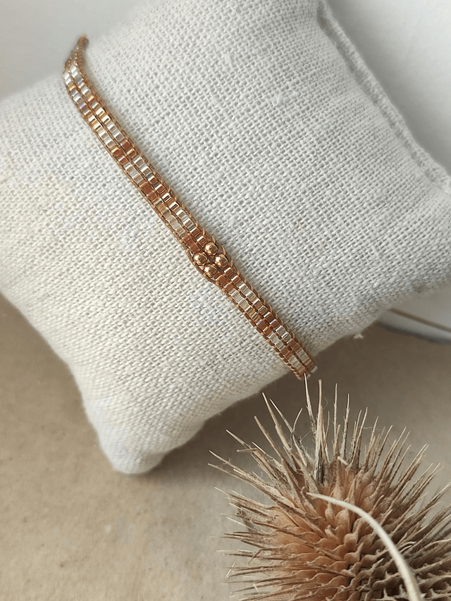 Z-Bracelet tissé main en perles de verre miyuki doré & blanc réglable sur fil de jade résistant, pièce unique 