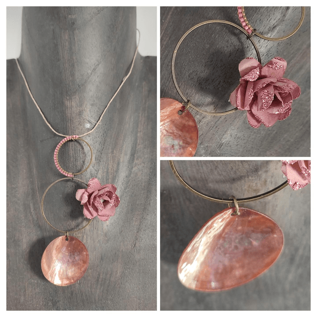 Collier nacre tissage main en perles de verre miyuki rose et fleur en papier monté sur fil de lin avec chaîne d'extension 