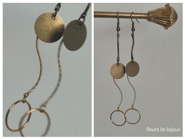 Boucles d'oreilles longues cercles bronze & doré -sans nickel 
