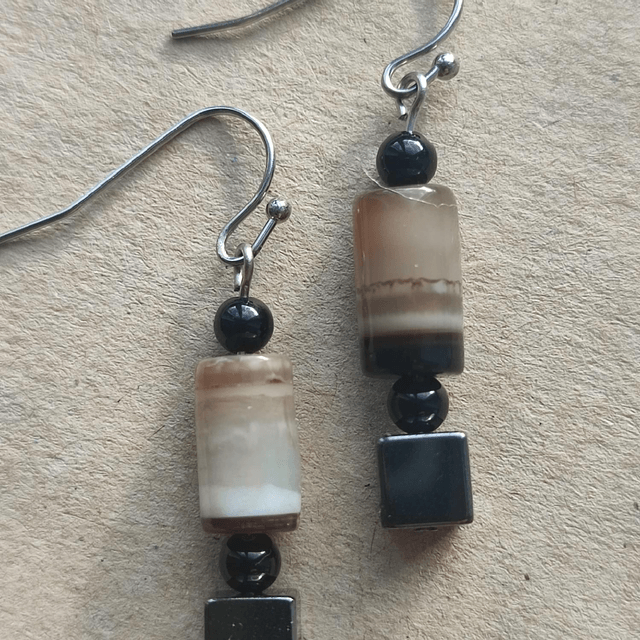 Boucles agate noire et hématite en acier inoxydable argenté -sans nickel -