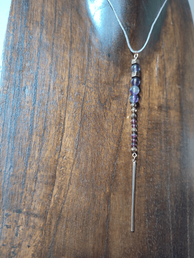 Collier améthyste & grenat monté sur fil de lin avec chaîne d'extension en acier inoxydable doré 