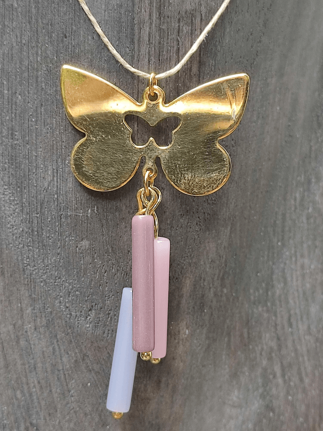 Z-Collier papillon doré et tube en verre dégradé de rose monté sur fil de lin avec chaîne d'extension 