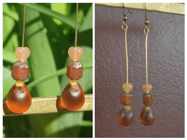 Boucles d'oreilles longues cœur, gouttes &perles en verre sur tige et fermoirs en laiton bronze -sans nickel, pièce unique 