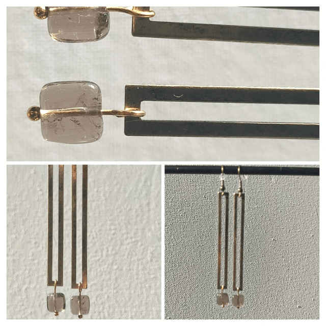 Boucles d'oreilles rectangle bronze et perles carrées en verre fumé, sans nickel, pièce unique 