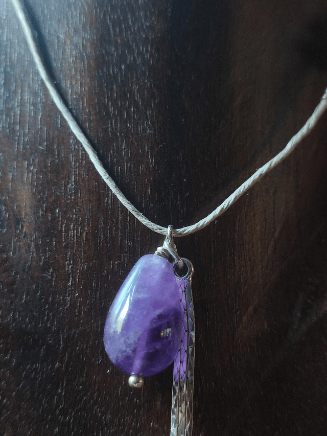 Collier améthyste et long pendentif chaine en acier inoxydable argent, monté sur fil de lin réglable avec chaîne d'extension argent, pièce unique 