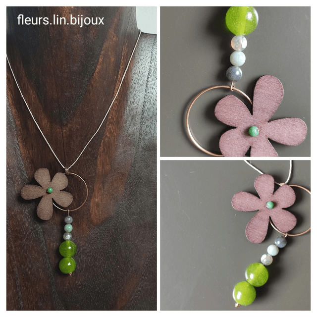 Z-Collier fleur en bois de noyer : perles verre vert et agate mousse (pierres naturelles) monté sur fil de lin réglable avec chaîne d'extension dorée 