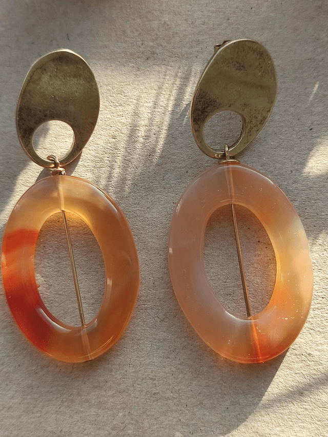 Z-Boucles d'oreilles en agate aux jolis reflets orange,en laiton bronze -sans nickel,pièce unique 