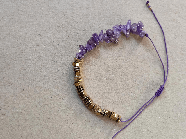 Z-Bracelet améthyste ( pierres naturelles) et hématite doré réglable monté sur fil de jade violet 