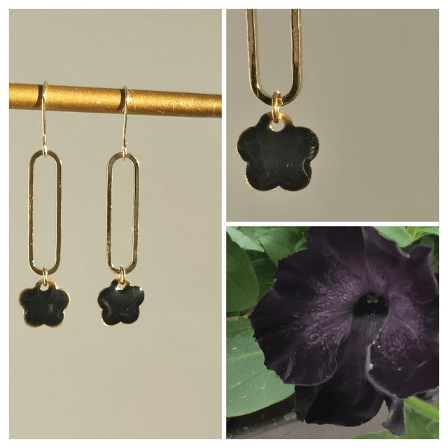 Boucles d'oreilles fleurs noires et ovale, acier inoxydable doré -sans nickel 