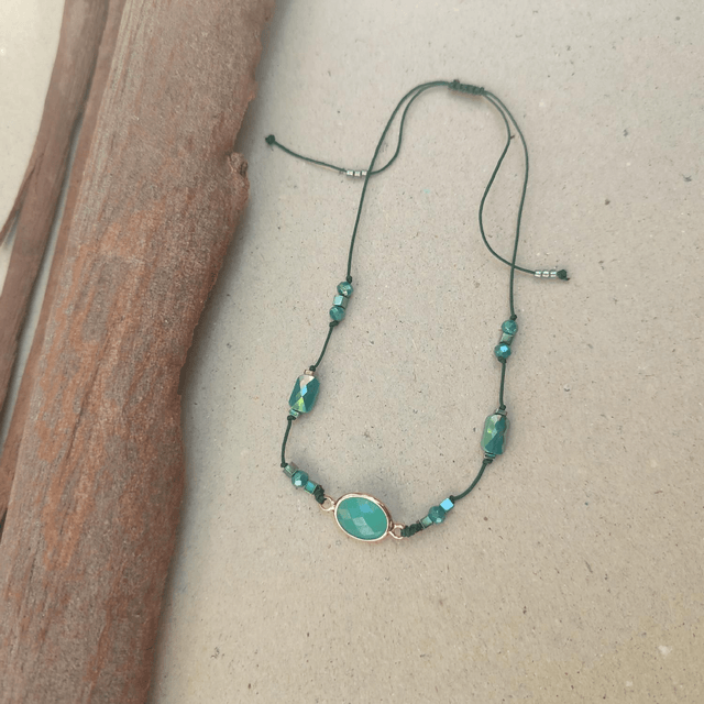 Agate verte & verre vert/ turquoise,bracelet réglable, résistant en fil de jade
